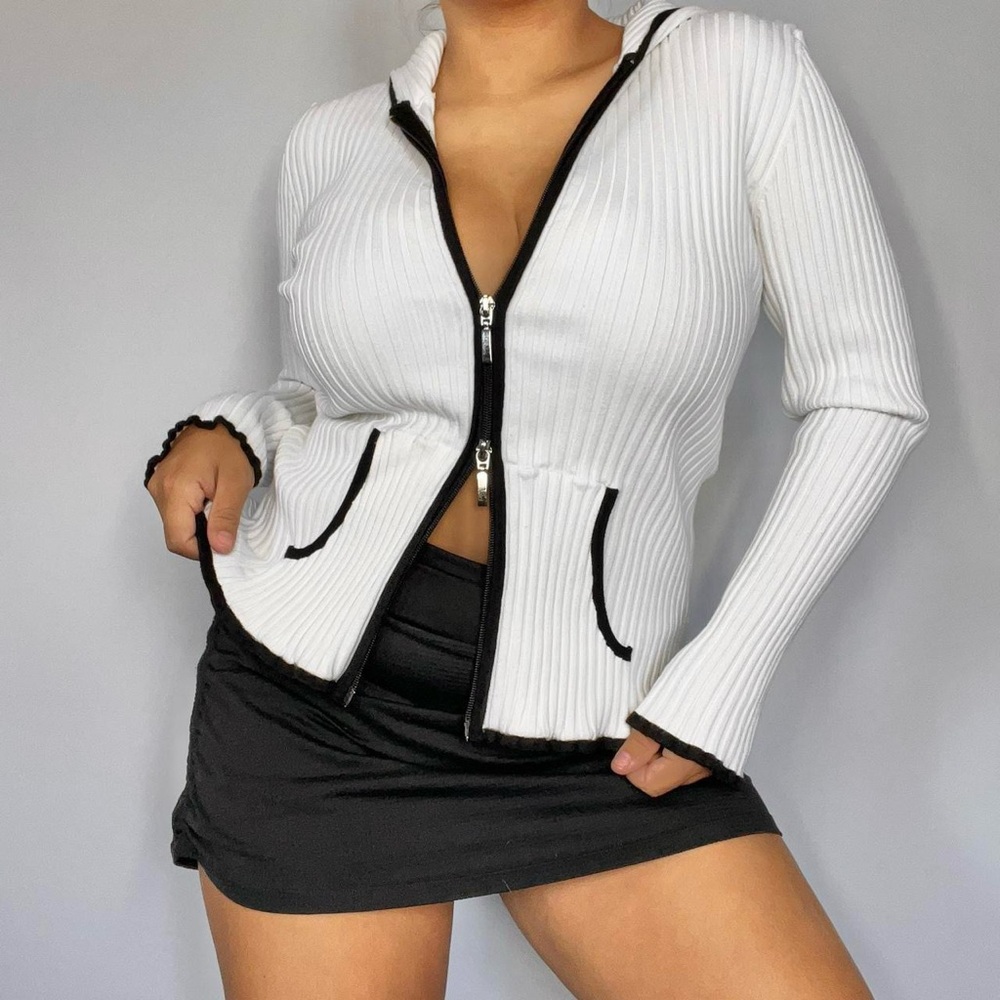 Belldini White Ribbed Hoodie with Black Trim